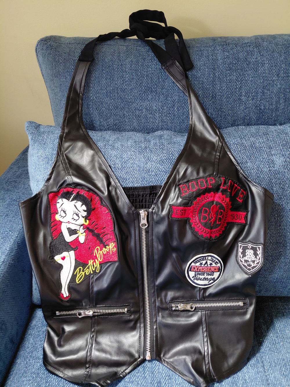 ROMWE Black Faux Leather Betty Boop Embroidered Halter Vest with Red Accents